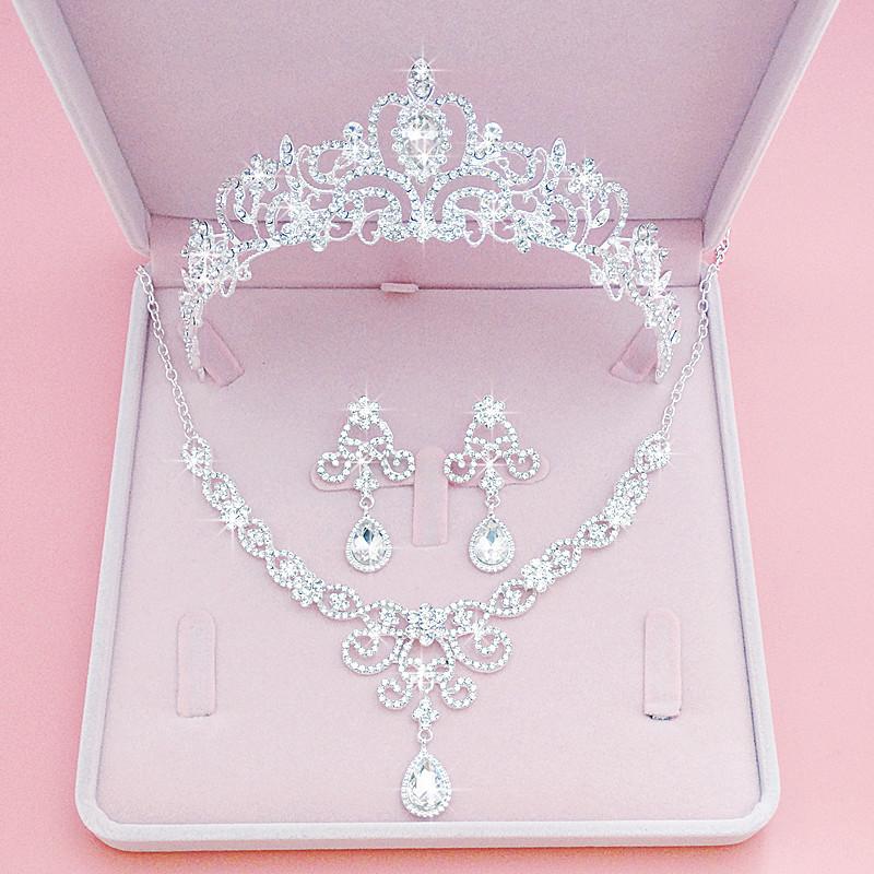 BY4334 Bridal Rhinestones Crown Necklace Earrings Set Wedding Crown Jewelry Set