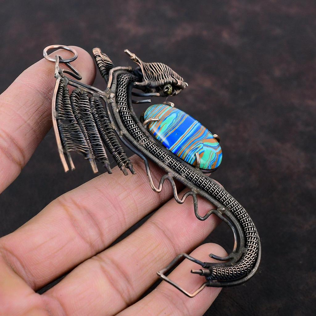 Rainbow Calsilica Pendant Copper Wire Wrapped Pendant Dragon Pendant Gemstone Copper Jewelry Gift For Women Handmade Jewelry Stylish Pendant