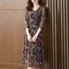Vintage Broken Flowers Printed Dot Dresses Spring Summer 3/4 Sleeve Stylish V-Neck Spliced Button Female A-Line Waist Midi Dress