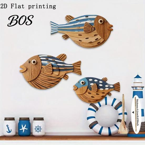 Realistic Fish Print 3 Pcs Wood Nautical Beach Wall Decor, Rustic Hanging Bathroom Decor Coastal Sculpture for Lake House, Ocean Room, Bathroom,