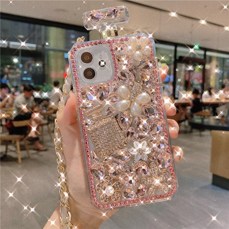 Bling 3D флакон духов с бриллиантами и стразами, блестящий чехол-капа для iphone 14 13 12 11 Pro XR Xs Max 7 8 Plus/Samsung S23 S22 Ultra S21 S20 Plus