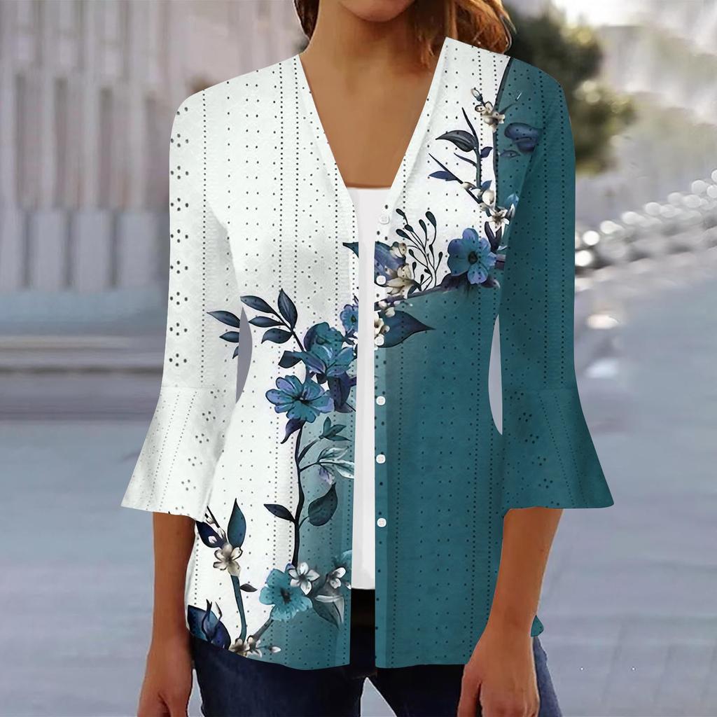 Women's Fashion Loose Casual Printed Three-quarter Sleeve Button Shirt Cardigan Top