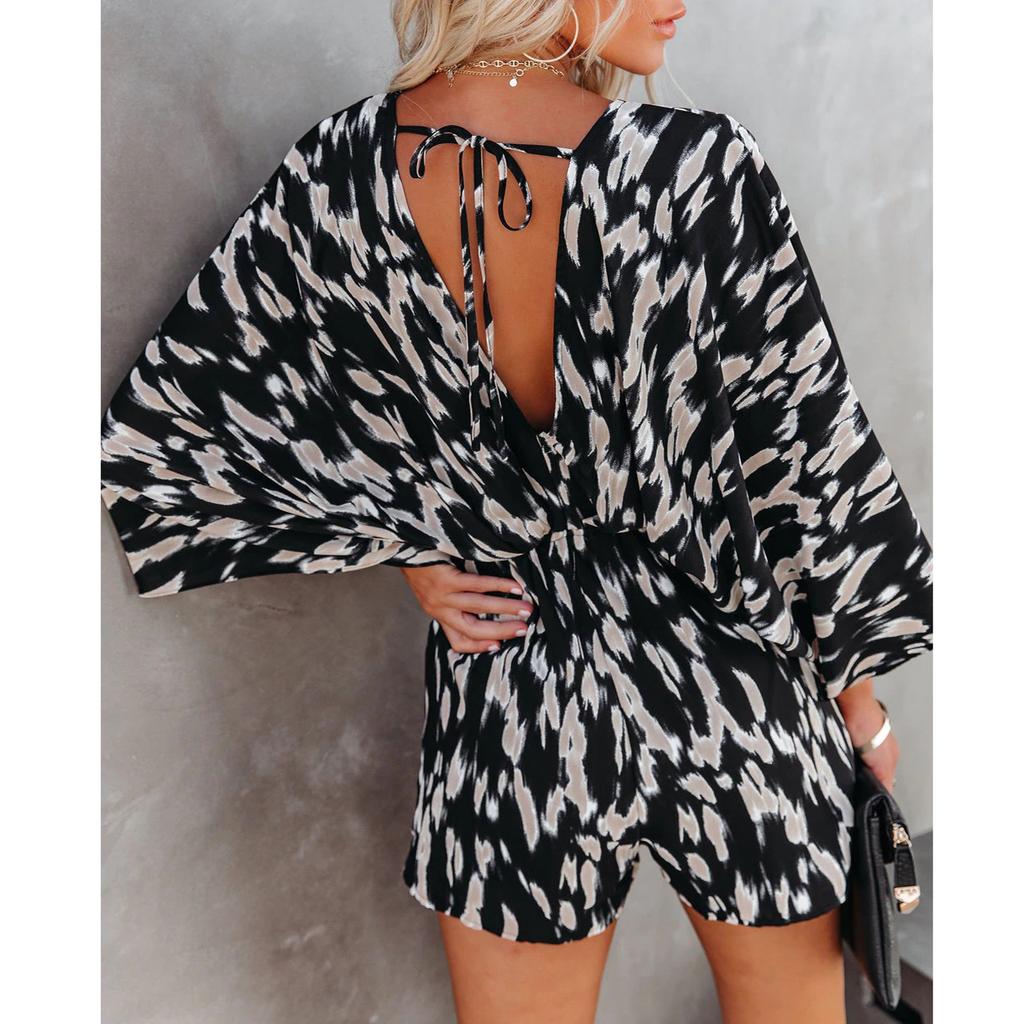 Women Printed Batwing Sleeve V Neck Loose Collect Waist Bandage Jumpsuit