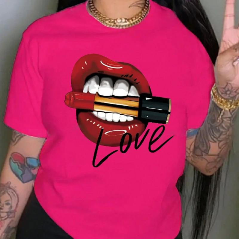 Fashion Women Personalized Lip Letters Print T Shirt Funny Casual O-neck Short Sleeves T-shirt Summer Female Tee Shirt