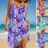 Women Beach Dress Sling Sleeveless Loose Waist Mini Dress Ocean Pattern Summer Vacation Dress Holiday Outfit
