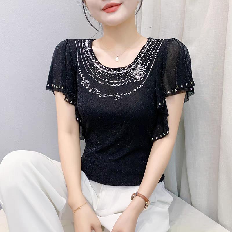 Летняя Новая Элегантная Футболка из Сетки с Короткими Рукавами и Круглым Вырезом Модные Рюши Горячие Бриллианты Женские Футболки Шикарные Рукава-Бабочки Повседневные Топы