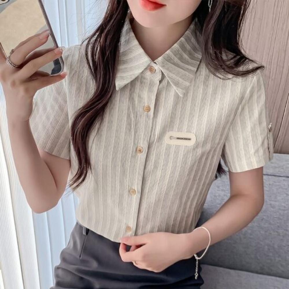 Navava Women Retro Stripe Button Collar Short Sleeve Shirt Blouse Nb3154