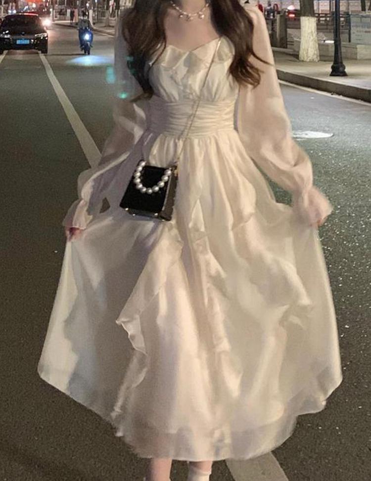 Элегантное милое платье феи, женское весенне-летнее платье миди с длинными рукавами, корейское винтажное однотонное платье с высокой талией