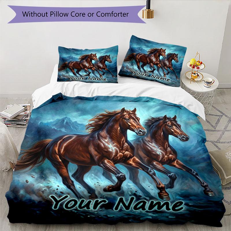 3PC Custom Name Horses Stormy Night Bedding Set Duvet Cover Closure Includes 1 Duvet Cover & 2 Pillowcases for Bedroom