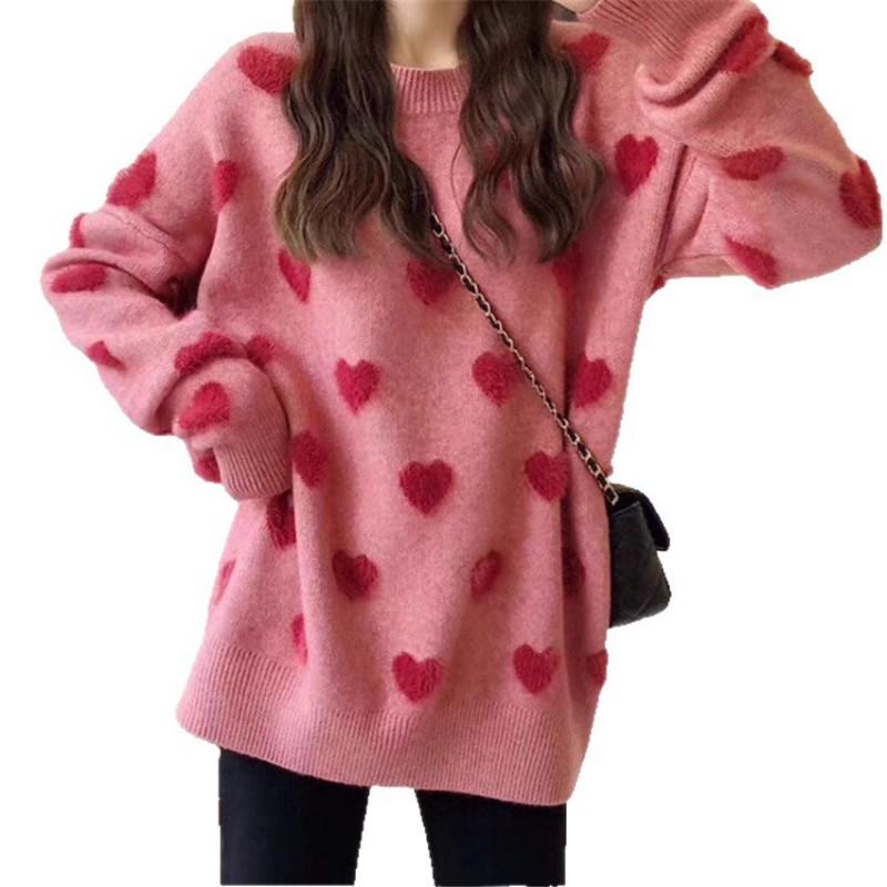 Womens Heart Knit Sweater Loose Fit Round Neck Long Sleeve Pullover 2026 Fall Winter