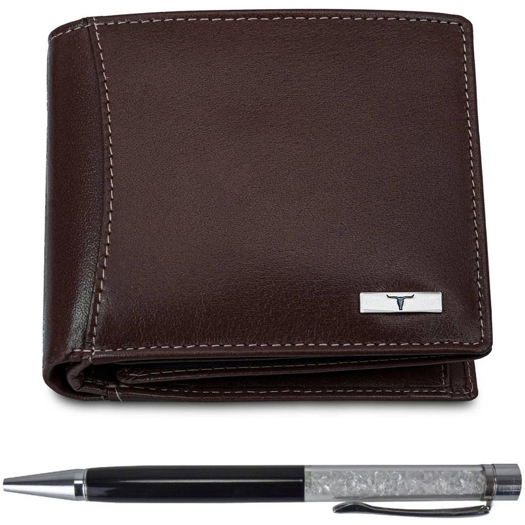 Мужской повседневный кошелек из натуральной кожи с RFID-меткой (6 слотов для карт) и ручка