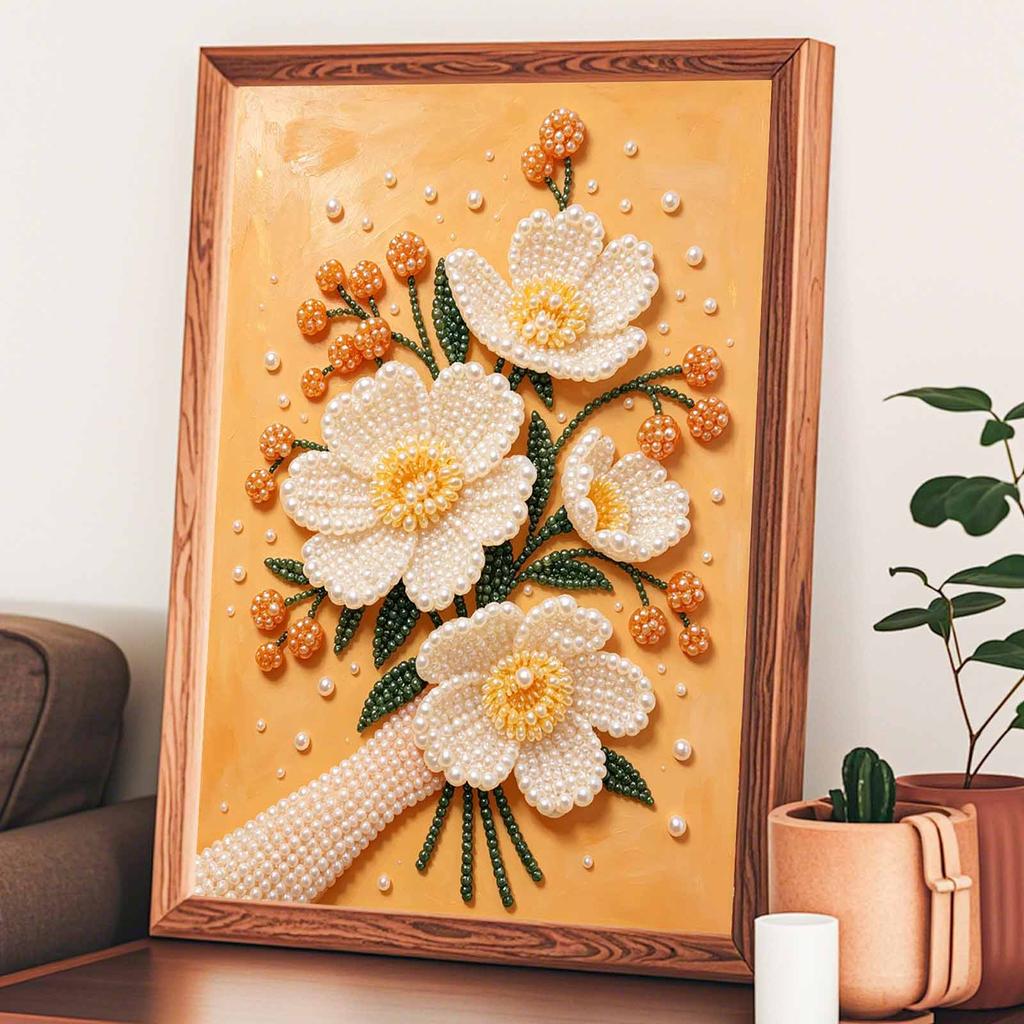 Расслабляющий DIY набор для рисования жемчугом в раме с дизайном «Белый цветочный букет» 5D сверкающий холст с бусинами, поделка для декора детской комнаты, подарок
