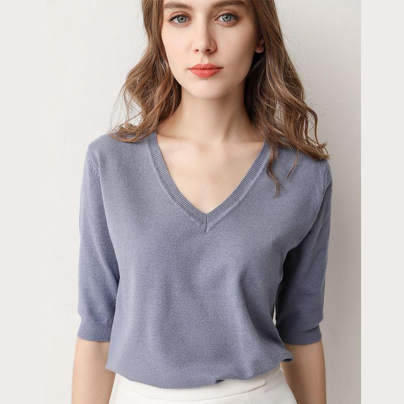 Spring Summer Women's T-shirt Short-sleeved Sweater Knit Sweater V-neck Half-sleeve Tide Loose Bottoming Shirt T-shirt