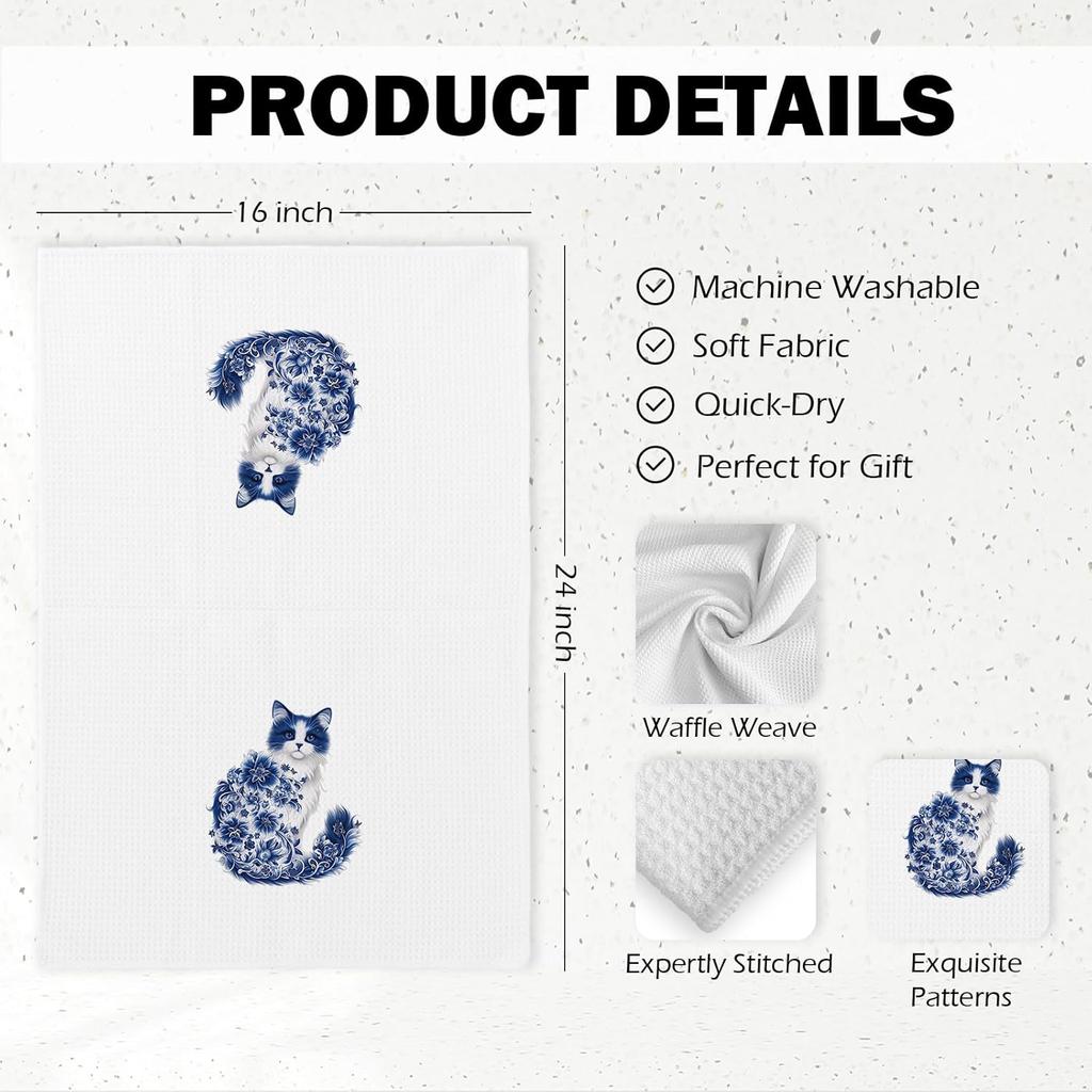 Flower Cat Kitchen Towels Set of 2, Floral Cats Mom Towels for Cat Lovers Women Girls Dish Hand Tea Towel, Cute Light Blue and White Chinoiserie