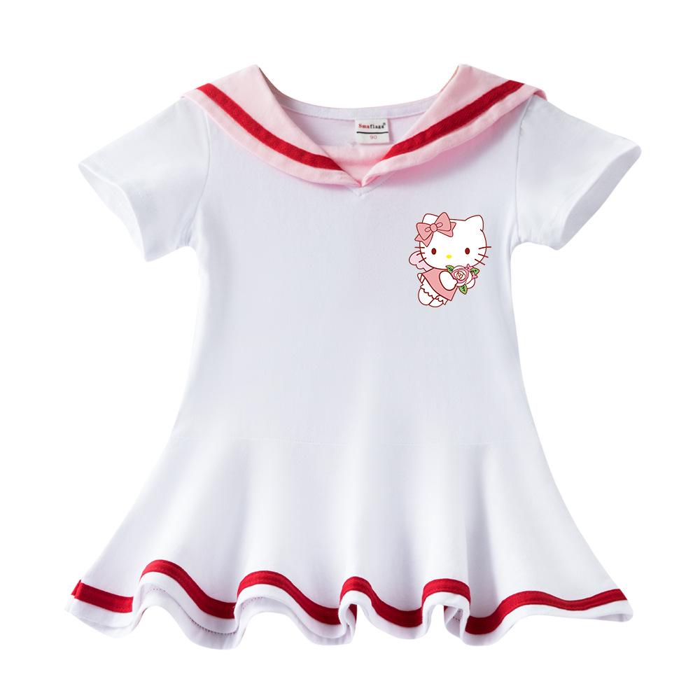 Летнее платье с коротким рукавом для девочек Hello Kitty - Новый стиль, Чистый хлопок, Легкая юбка