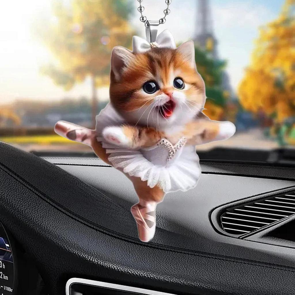 Christmas Tree Ornament Cartoon Cat Pendant with Lanyard Easy To Hang Decorative Acrylic Rearview Mirror Hanging Accessory
