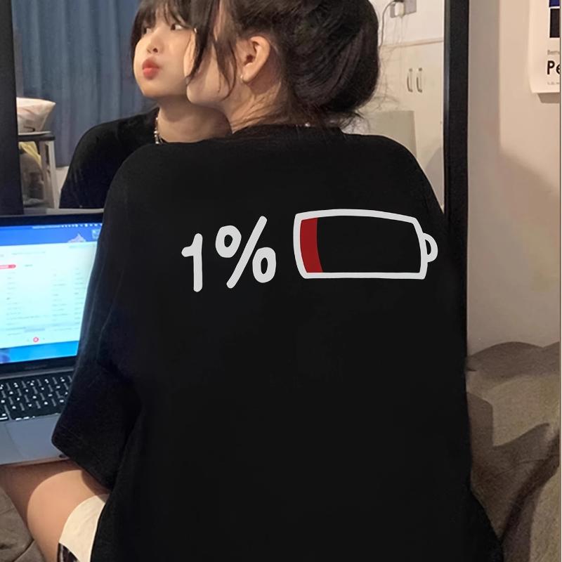 Summer and Women's Summer Casual Elegant Long T-shirt with 1% Battery Graphic Print - Black Round Neck Short Sl