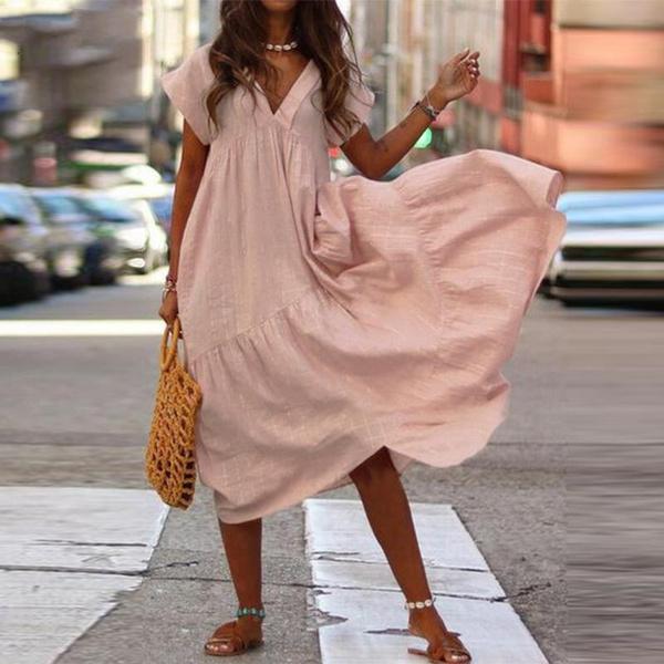 Новое летнее женское хлопково-льняное платье, модное длинное платье с v-образным вырезом, повседневное свободное свободное вечерние пляжное платье размера плюс