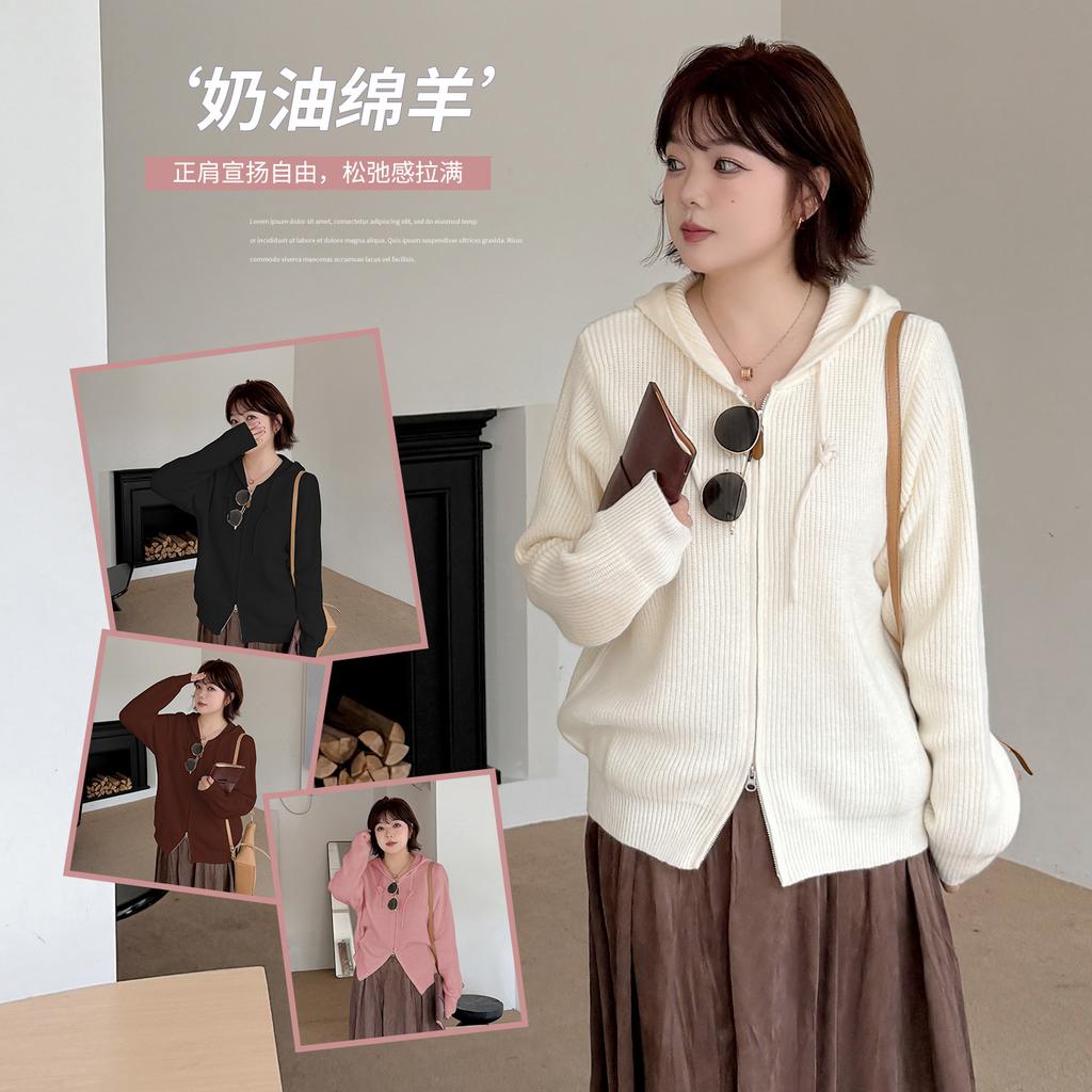 Large size women's hooded sweater cardigan autumn and winter new lazy wind loose knitted top 343338