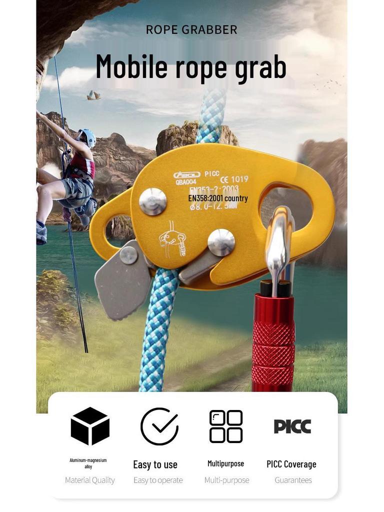 High-Altitude Rock Climbing Safety Device: Self-Locking Rope Grab & Fall Arrest Tool