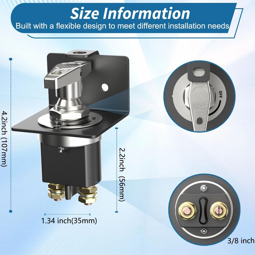 Главный выключатель-размыкатель аккумулятора 12-36 В, высокий ток до 500 А. Идеально подходит для автомобилей, грузовиков, автодомов, лодок и квадроциклов. Простое включение/выключение с помощью лицевой панели