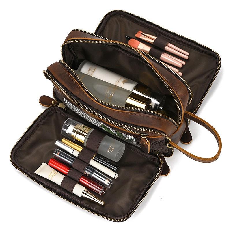Vintage Full Grain Leather Clutch Bag Travel Toiletries Cosmetics Storage Unisex Rectangle Zipper Purse