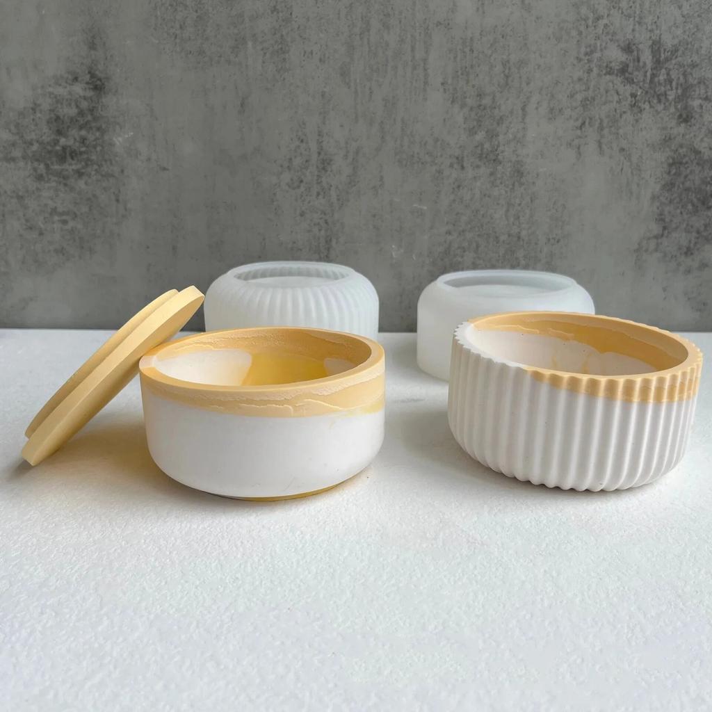 Round Stripe with Cover Bottle Silicone Molds DIY Cement Plaster Storage Jar Pottery Mould Concrete Art Making Supplies Decor
