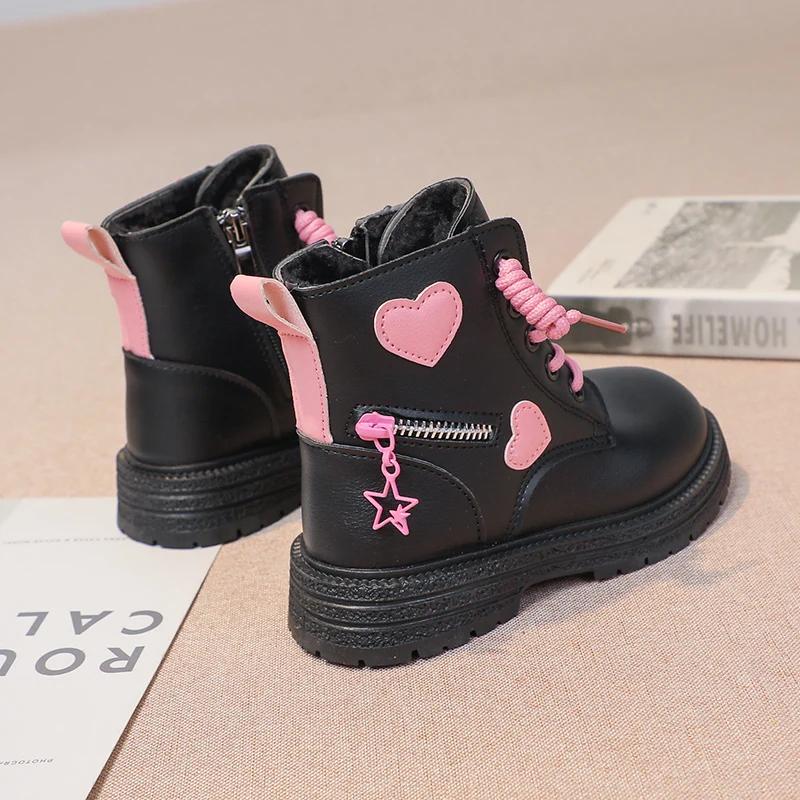 Pink/black Girls Leather Boots with Low Cut Anti Slip Side Zipper Winter Outdoor Girls Fashion Cotton BootsBotas Zapatos De Niña