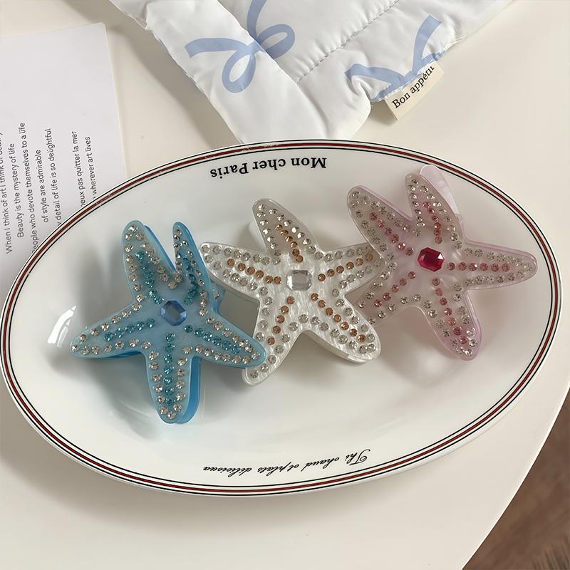 1pc Exquisite Starfish Acetate Grab Clip, Diamond-studded Blue and Pink Premium Hairpin, Shark Clip On the Back of Head