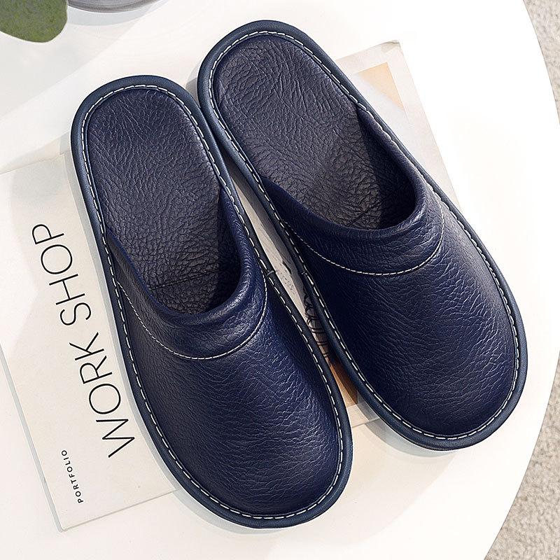 Men's Slippers Autumn Winter Indoor Shoes Plus Size  Man Concise Navy Blue Slides Simple Leather Home Slippers For Men