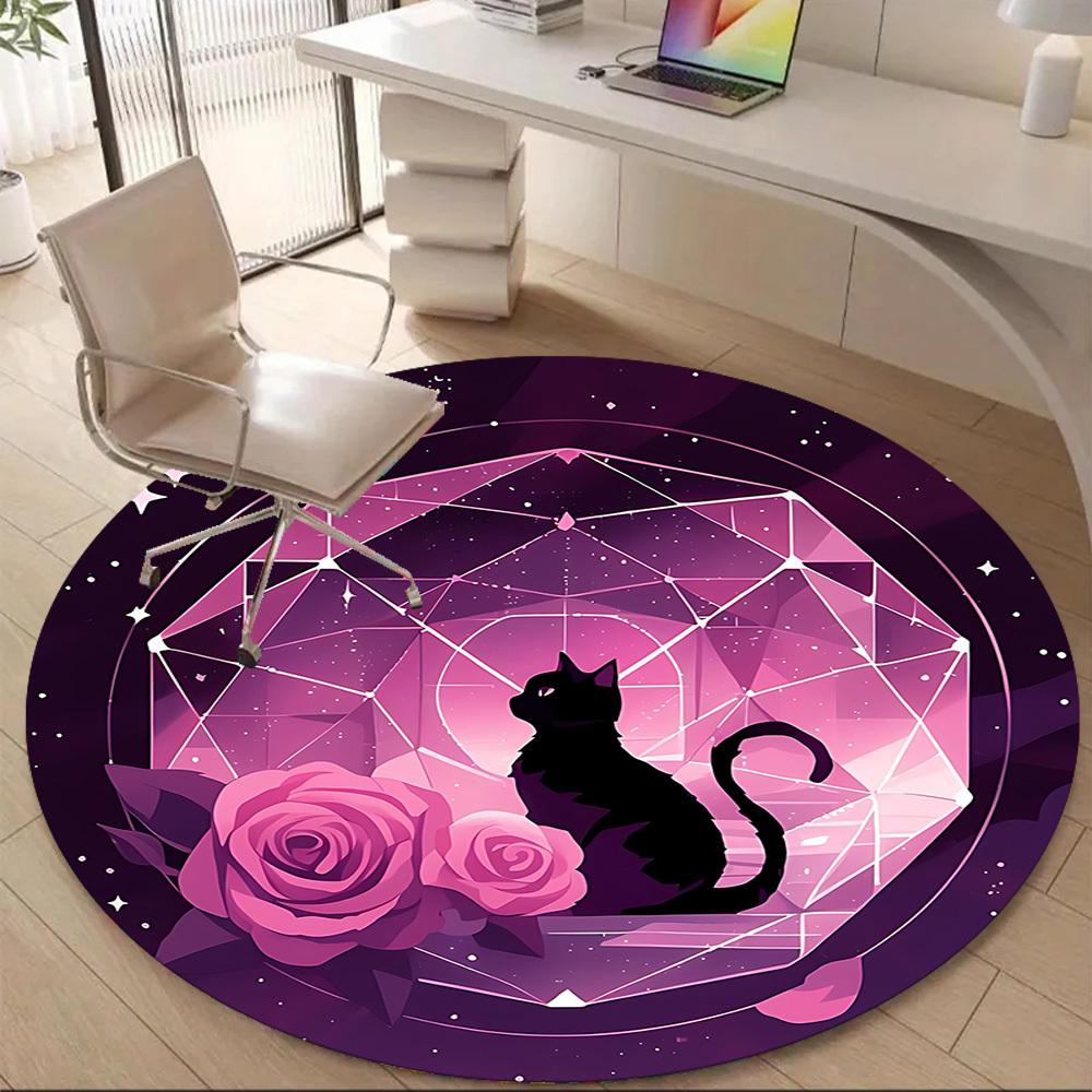 1pc Cat Roses Office Round Area Rug, Indoor Mat Suitable ForOffice, Under Office Chairs Bedroom Living Room Home Decor, Room Deco T130