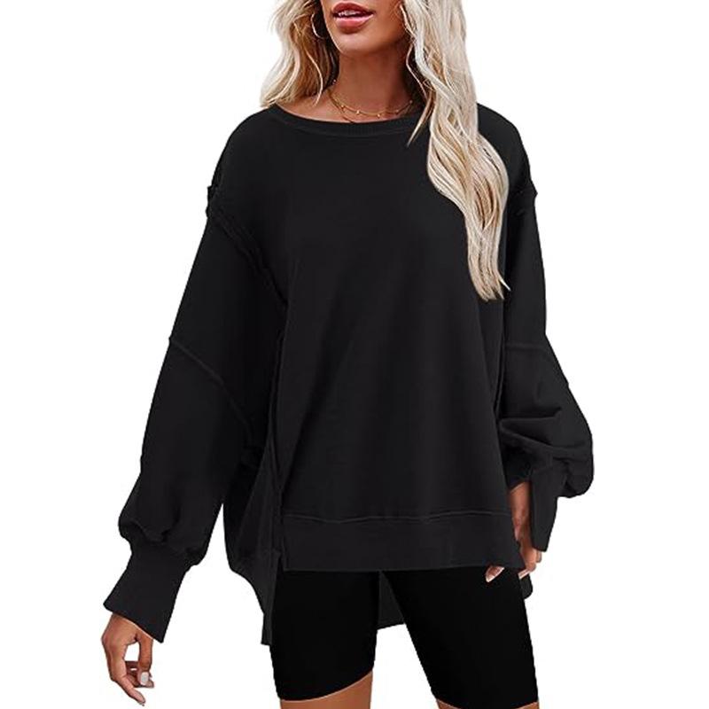 BITCED Осенне-зимняя женская объемная толстовка с круглым вырезом и боковым разрезом, толстовка с длинными рукавами, женская