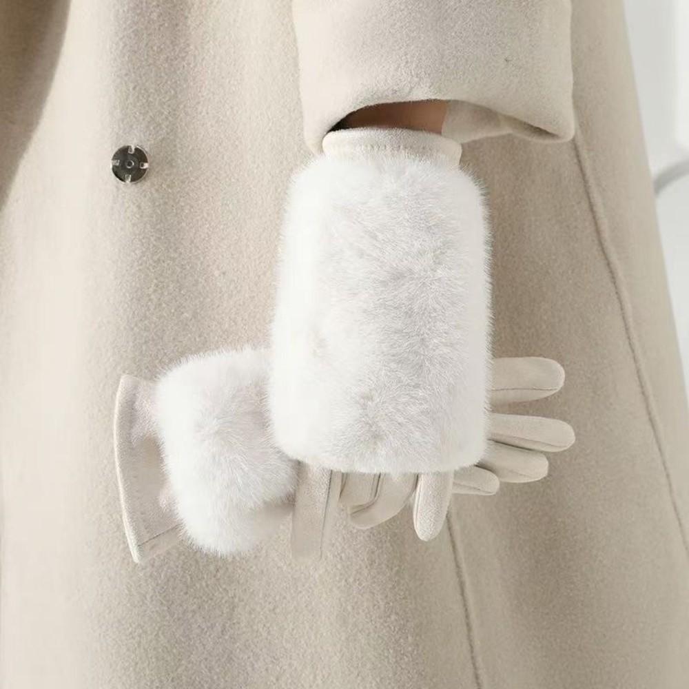 Solid Color Women Winter Gloves Rabbit Faux Fur Thermal Mittens Fashion Suede Gloves Sports