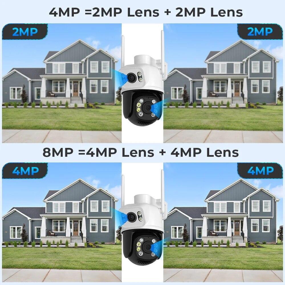 8МП 4K PTZ Wi-Fi камера с двумя объективами и двумя экранами, с ИИ обнаружением человека, автоматическим слежением, беспроводная уличная камера видеонаблюдения