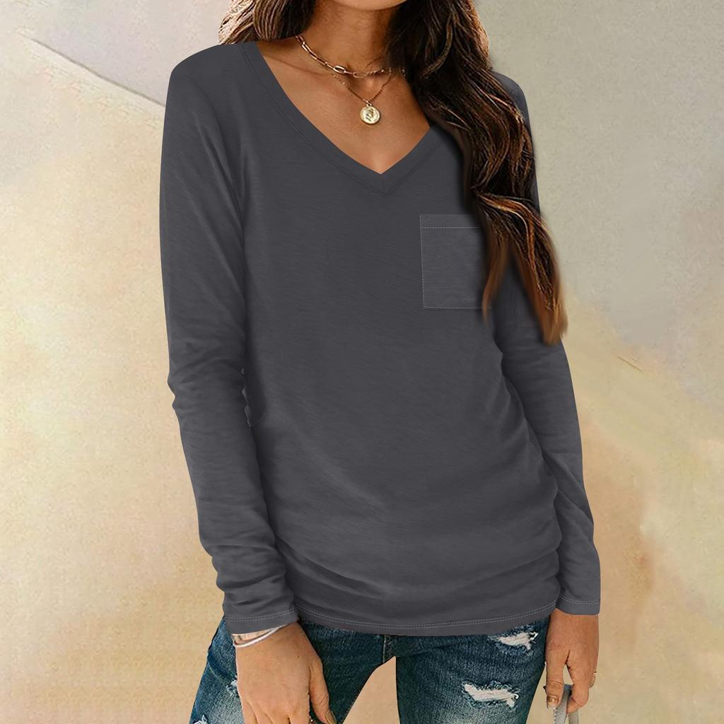 Women's Shirt V-Neck Casual Top With Pocket Fashion Solid Color Long Sleeve
