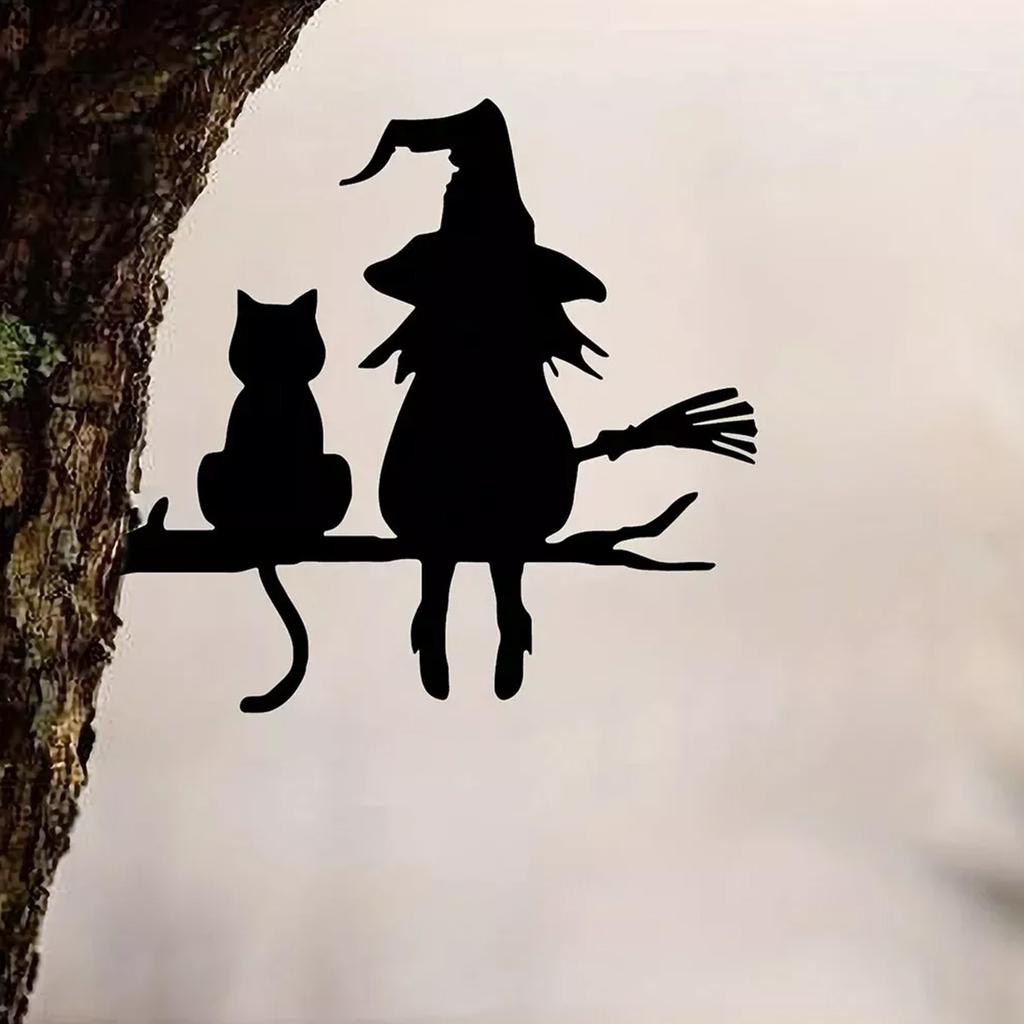 Metal Silhouette Cute Witch And Cat Garden Stump Patio Decorative Gardening Lawn Stump Inserts