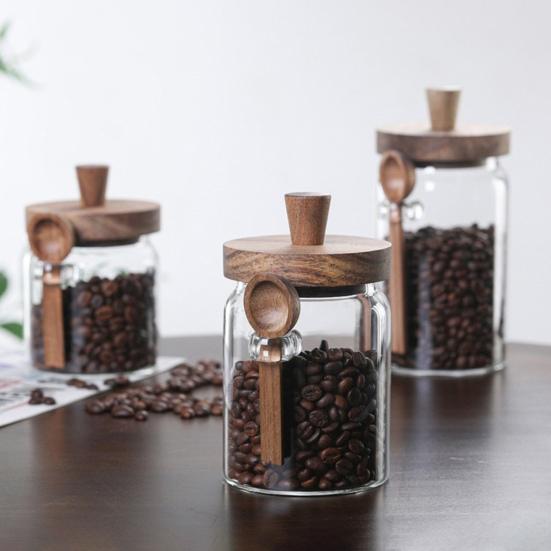 Glass Airtight Canister Sealed Jar with Wooden Spoon Transparent Food Storage Jar for Spice Coffee Beans Kitchen Pantry Supplies