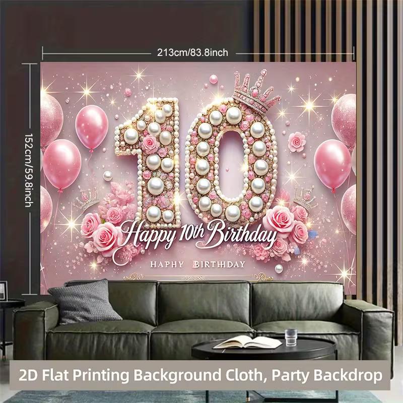2D 10th Birthday Crown Backdrop Banner for Princess Themed Party Supplies