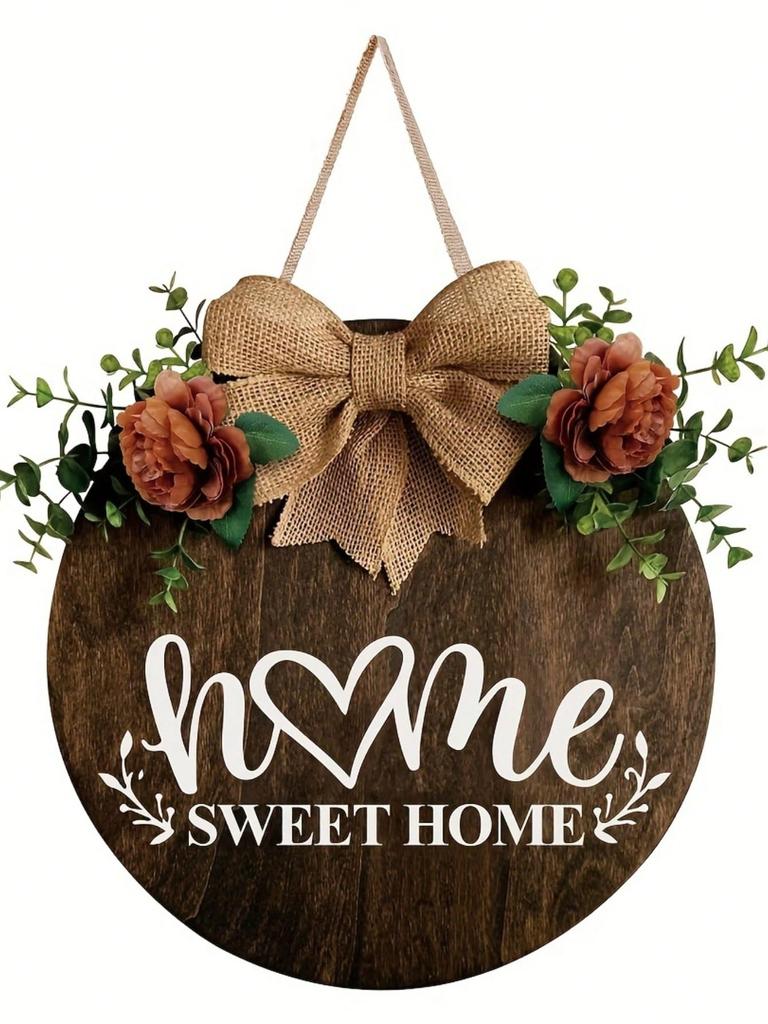 1 Piece Wooden Round Hello Welcome Wreath Sign Hanging Decorating Front Door, Farmhouse Porch Sign and Artificial Greenery