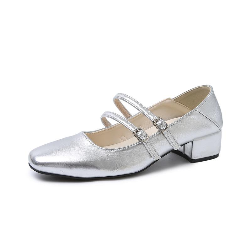 Coarse heel silver single shoes women's 2025 new spring and autumn with skirt evening shoes Mary Jane high heels low heel small leather shoes