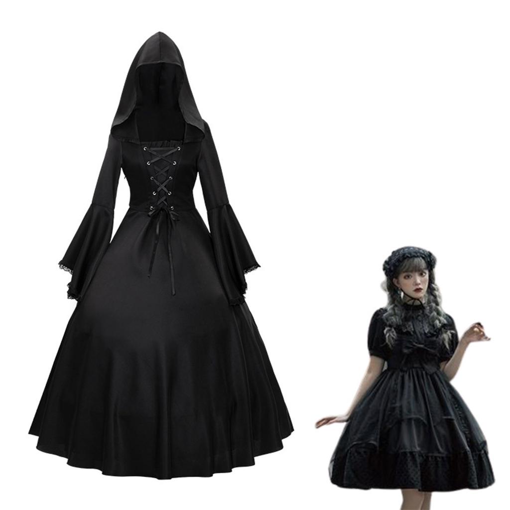 Women's Retro Gothic Long Sleeve Hooded Dress Lace Flare Sleeve Dress