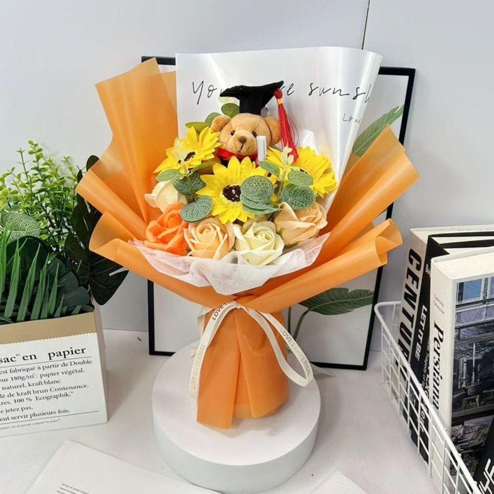 New Lovely Bear Simulated Flower Bouquet Crochet Sunflower Handmade Sunflower Flowers Animal Bouquet Graduation Ceremony