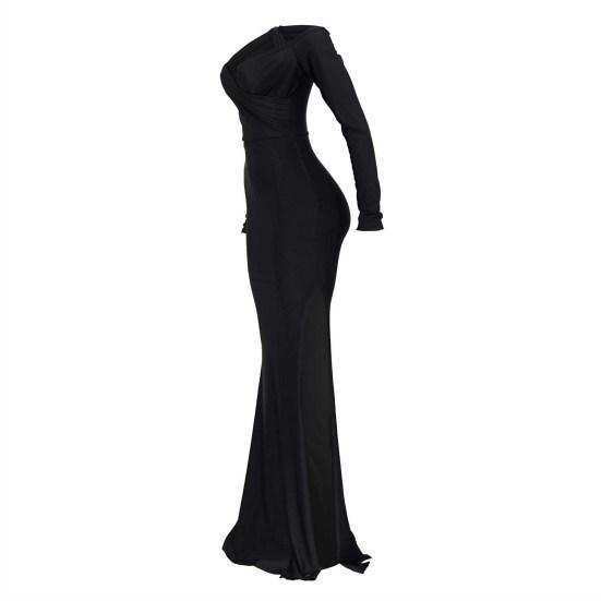 Женское вечернее платье с V-образным вырезом, открытыми плечами, боковыми разрезами, длиной до пола, длинными рукавами, плиссированное, облегающее