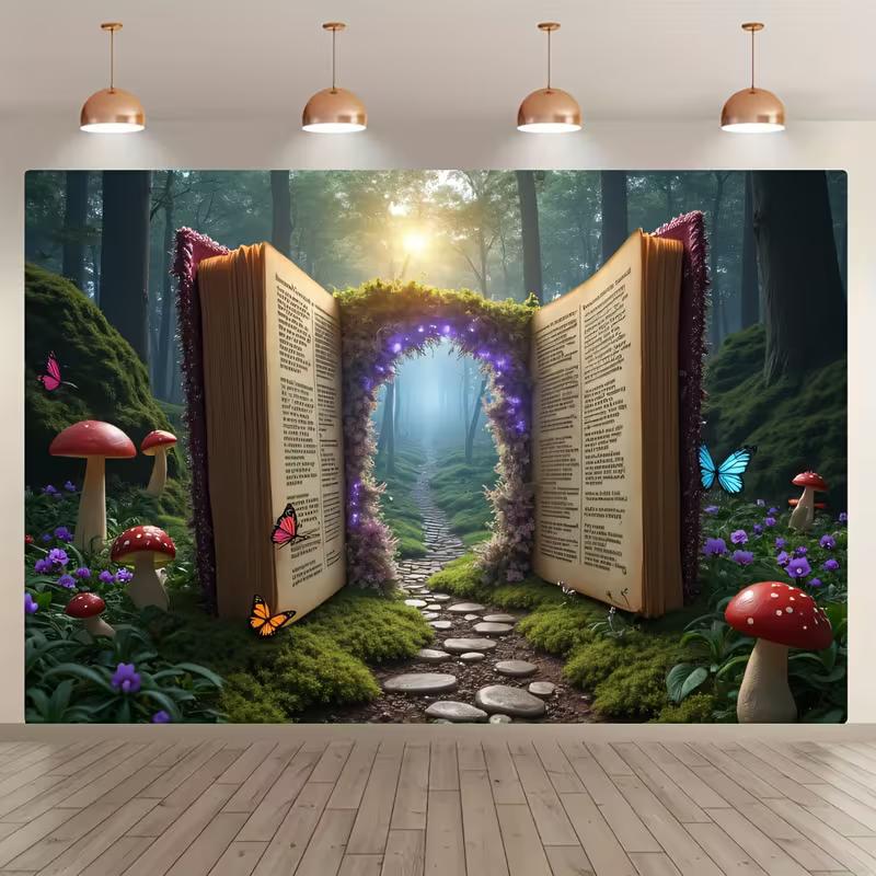 Фон в стиле фэнтези-книги, Фотофон с изображением волшебной лесной тропы