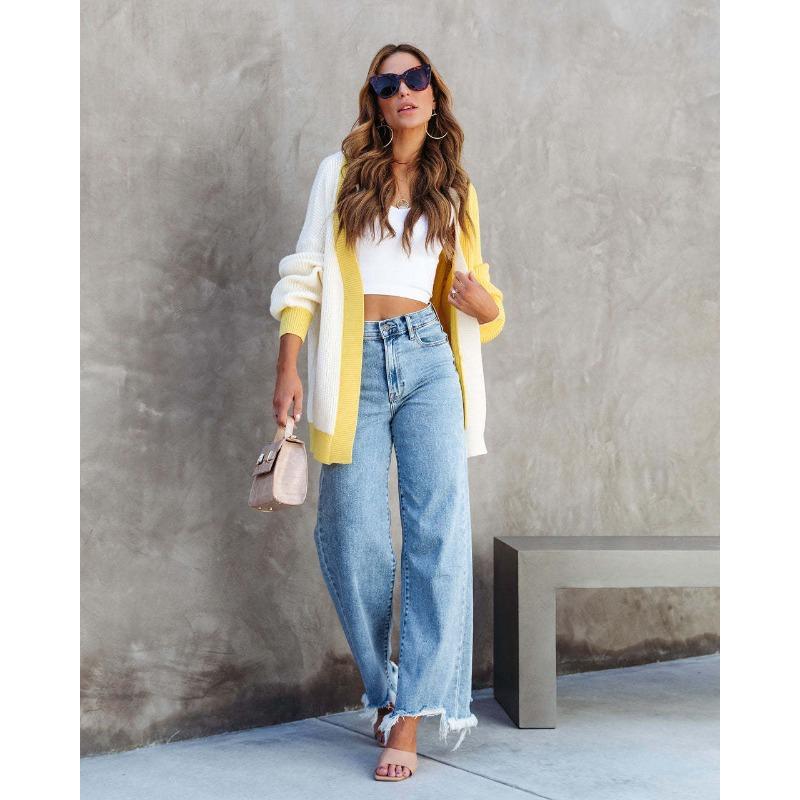 Autumn and Winter Women's Clashing Colours Loose Shawl Mid-Length Sweater Cardigan