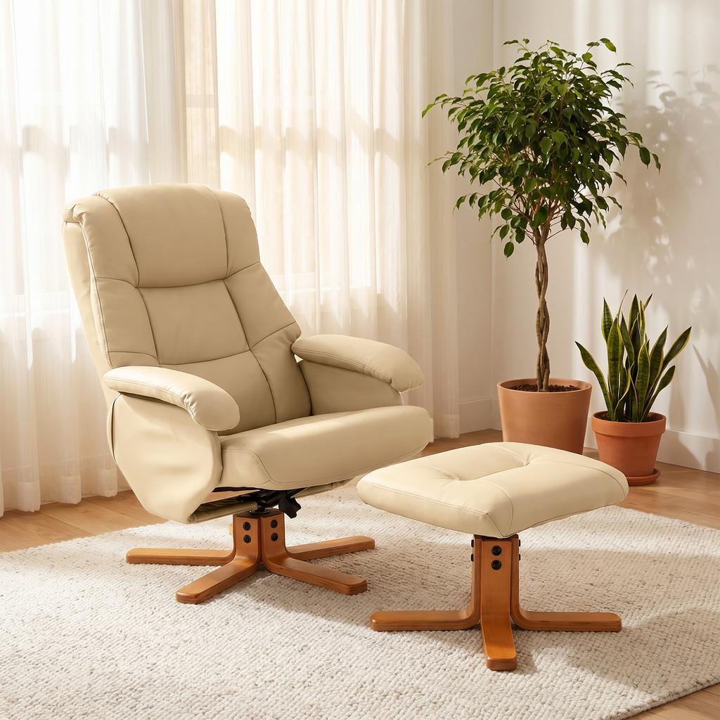 Relaxing Armchair with Footrest, 360 Swivel Recliner, Reclining Backrest, 120 kg Capacity, Beige