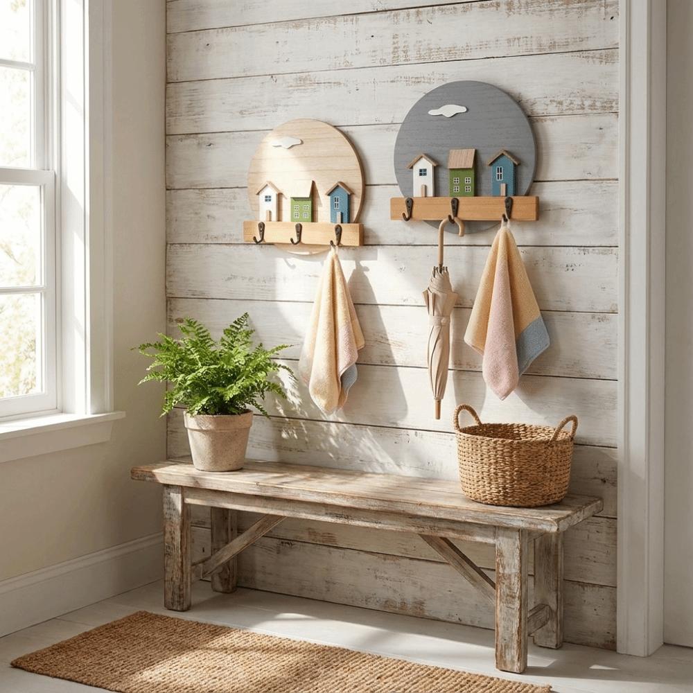 Nordic Style Wooden Wall Hook Multi Hook Entrance Key Rack Wall Hanging Storage Holder Living Room