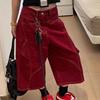 Красные женские укороченные брюки с несколькими карманами, американские ретро, свободные, женские брюки карго, с высокой талией, универсальная летняя одежда