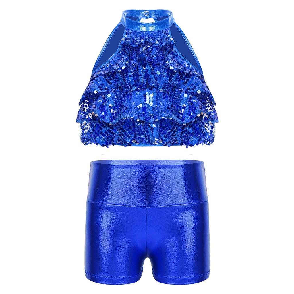 Girls Mock Neck Sleeveless Sequin Crop Top Tiered Shiny Metallic Shorts Stage Dance Outfit