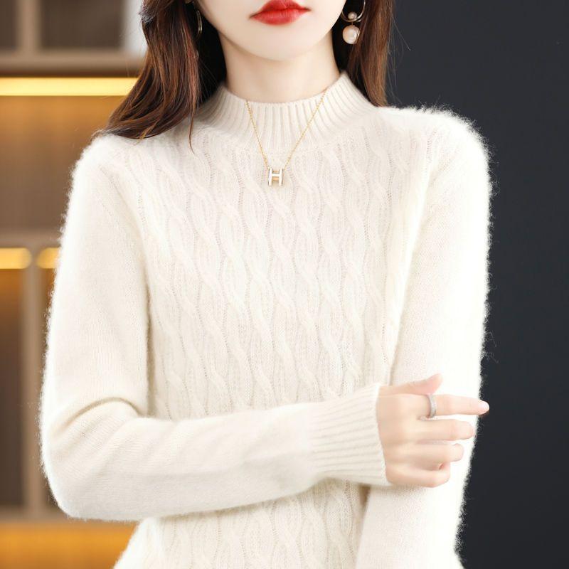 Пуловер, женский свитер с полувысоким воротником, осенне-зимний крученый кашемировый свитер, женский свитер свободной вязки снизу